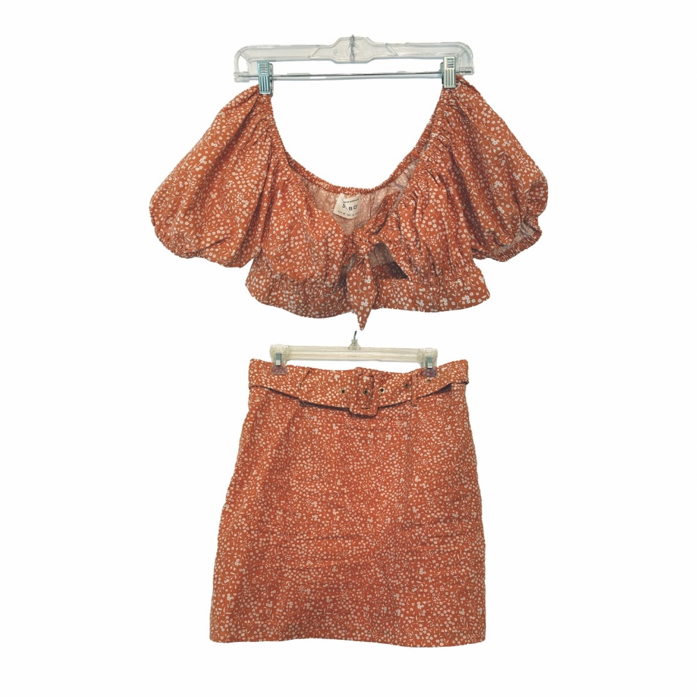 Sabo Skirt Rust Floral Puff Sleeve Crop Top & Button Skirt Set Size M (US 6 / AU